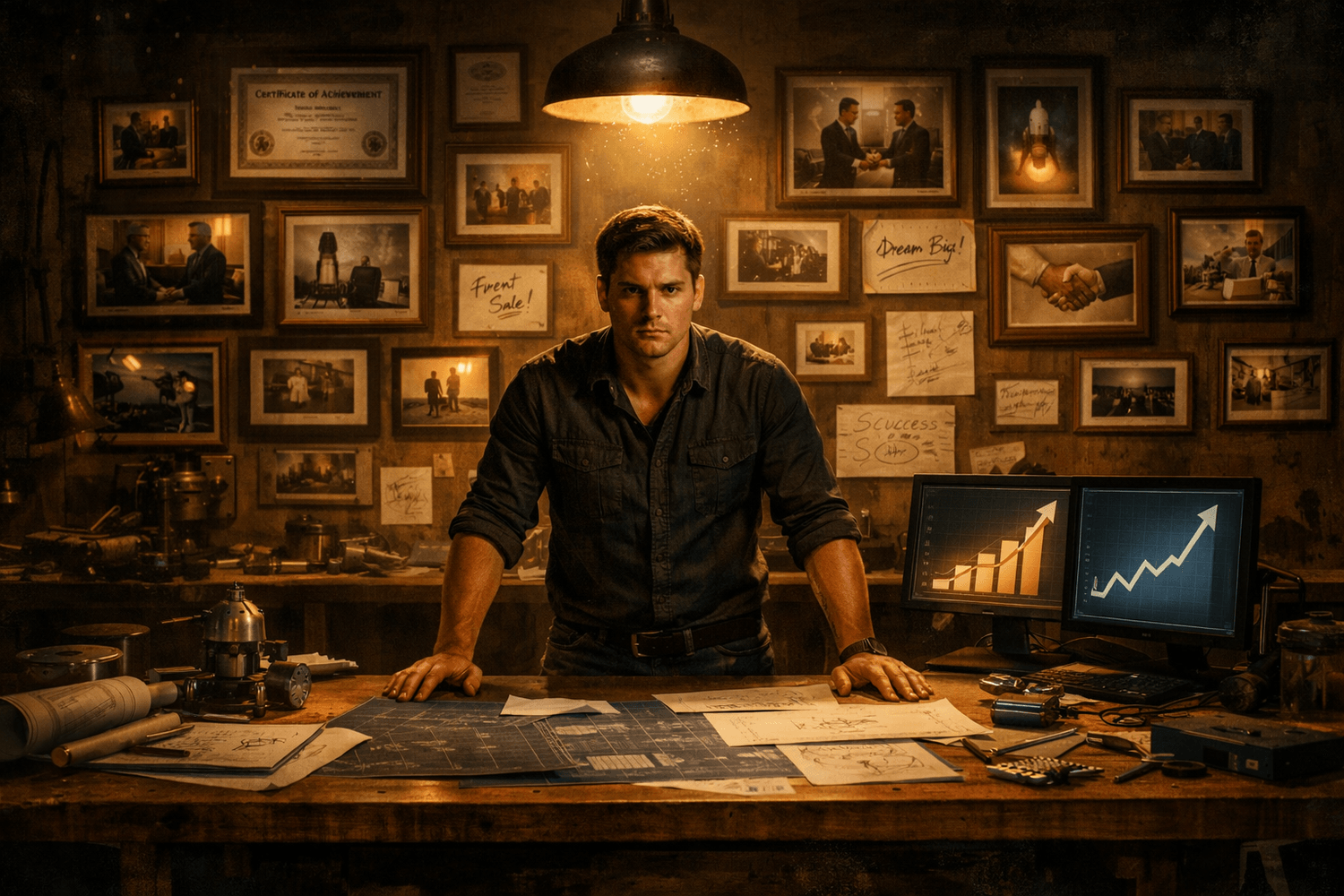 Determined entrepreneur at workshop desk surrounded by evidence of achievements and small wins