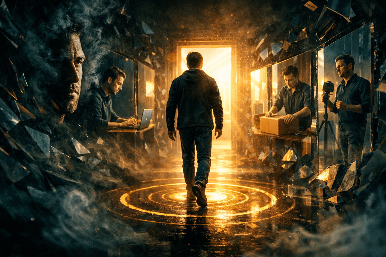 Man walking through dark corridor as doubt dissolves, moving toward clarity and action