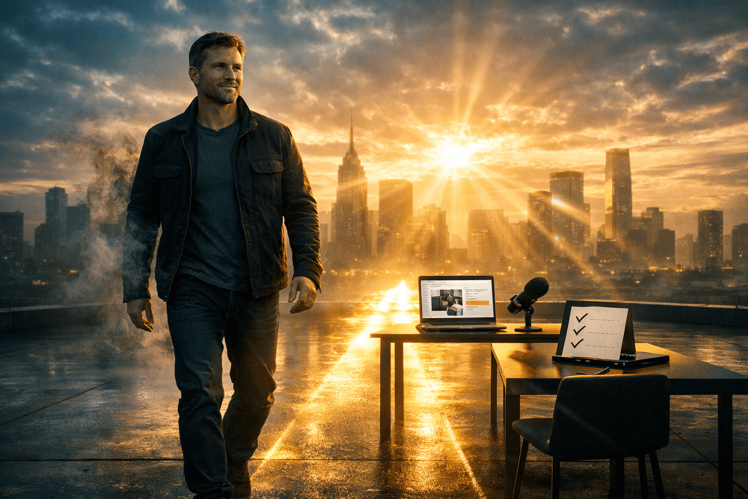 Confident entrepreneur stepping onto rooftop at dawn with launched product, transformation moment