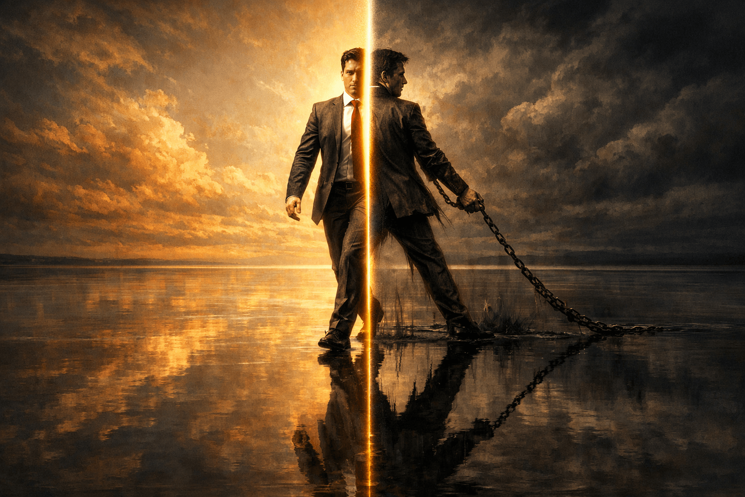 Man split in two at reflecting pool showing willpower versus subconscious programming conflict