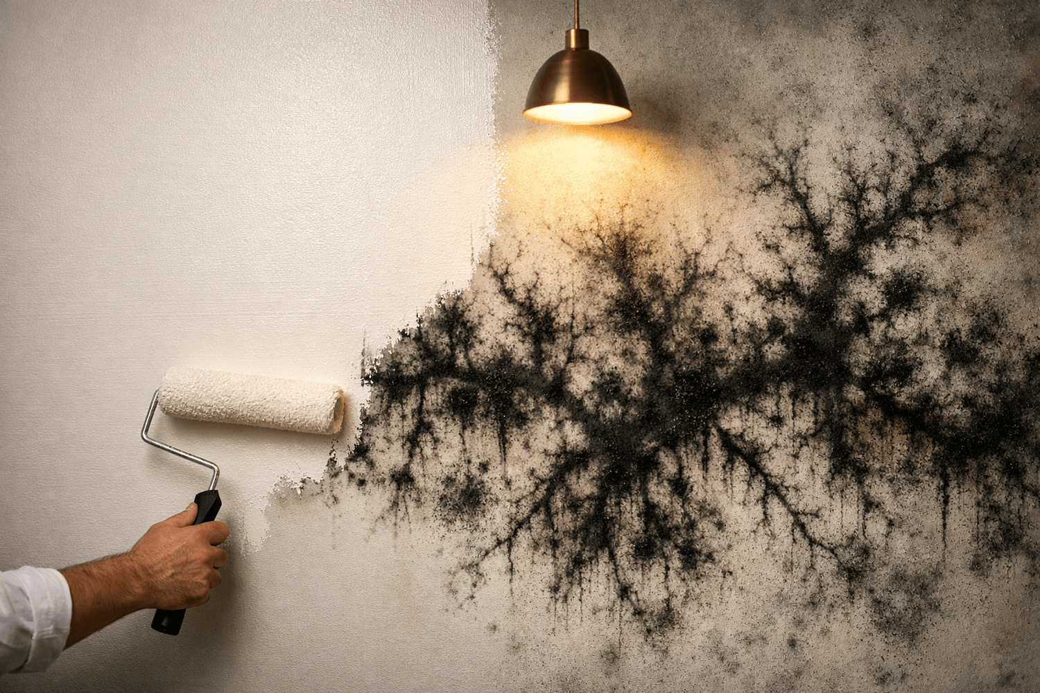 Black mold bleeding through fresh white paint on wall symbolizing futility of surface-level solutions