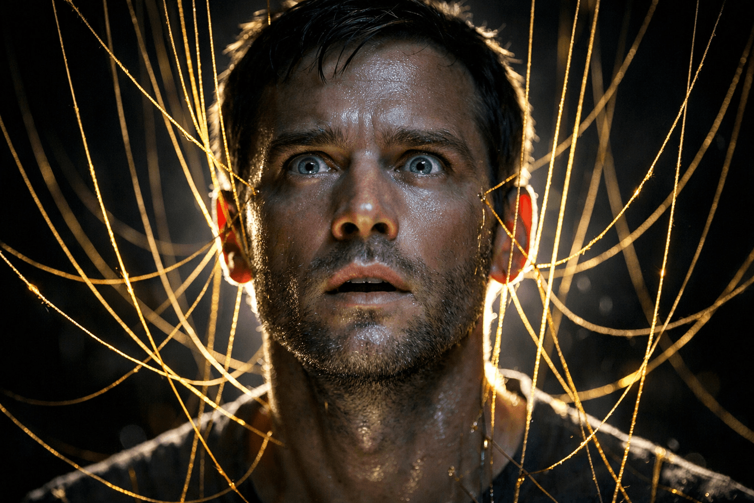 Man's face illuminated revealing golden marionette strings representing hidden subconscious patterns