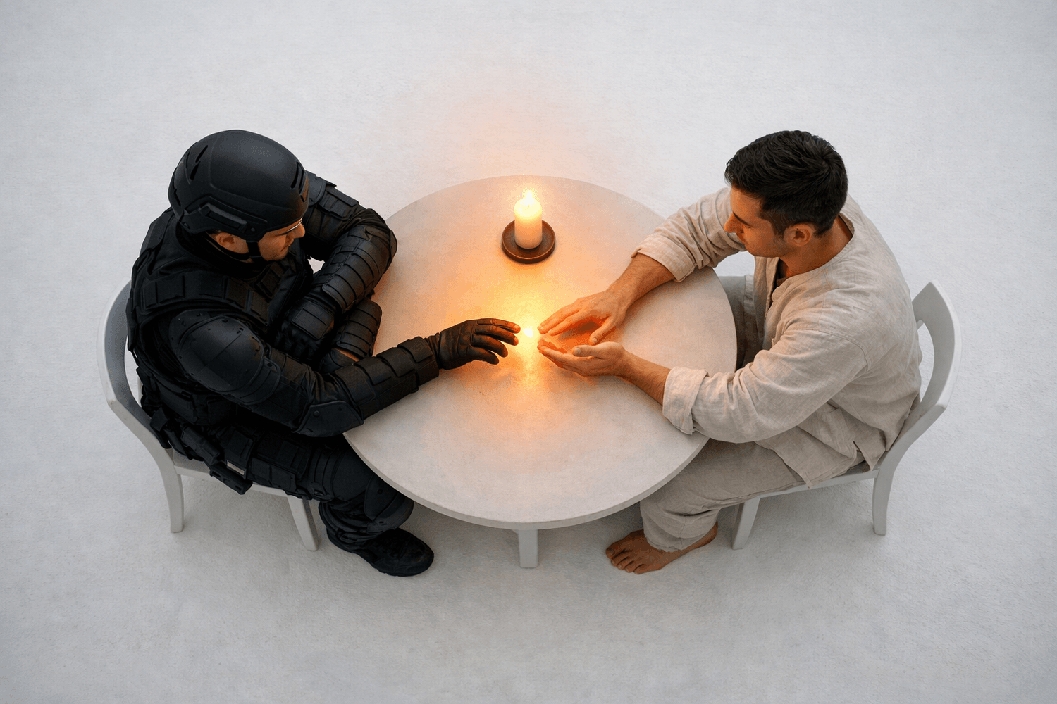 Two identical men in armor and linen reaching across table representing internal parts integration