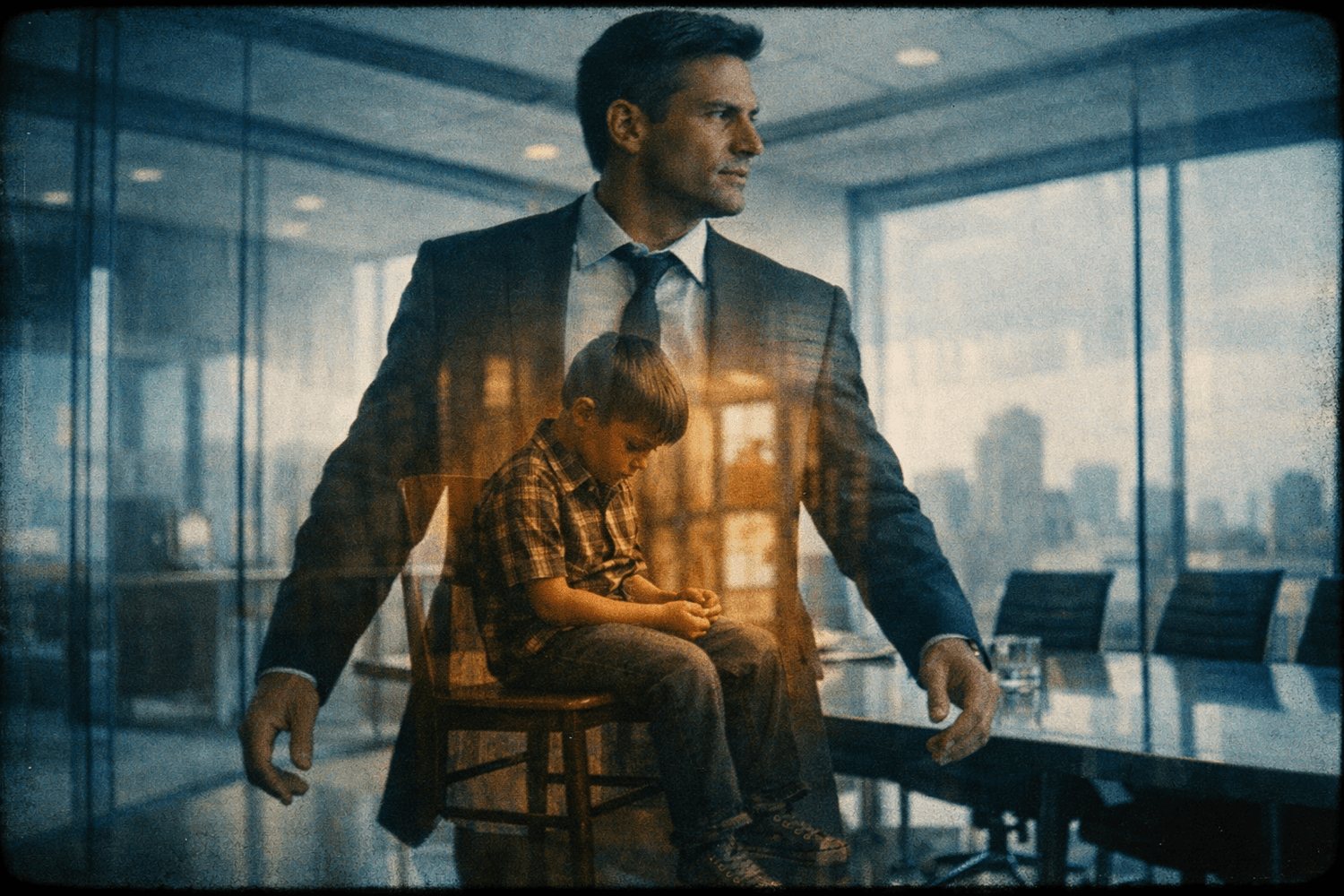 Double exposure of professional man and young boy showing outdated childhood programming