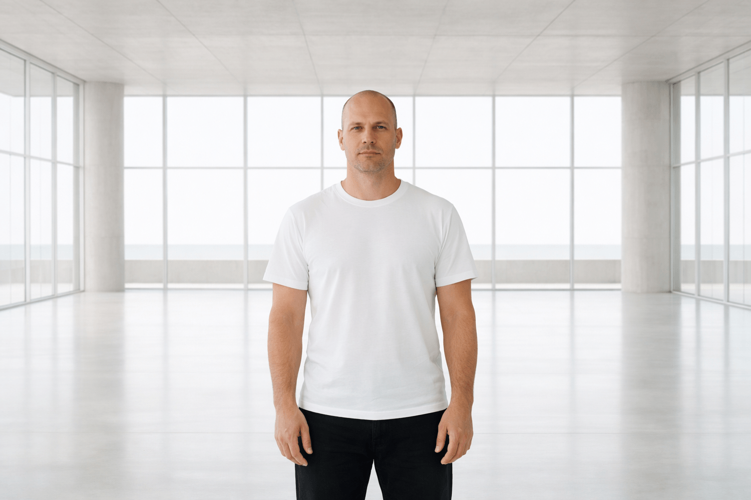 Confident man standing in sunlit modern space with no shadows representing complete identity change