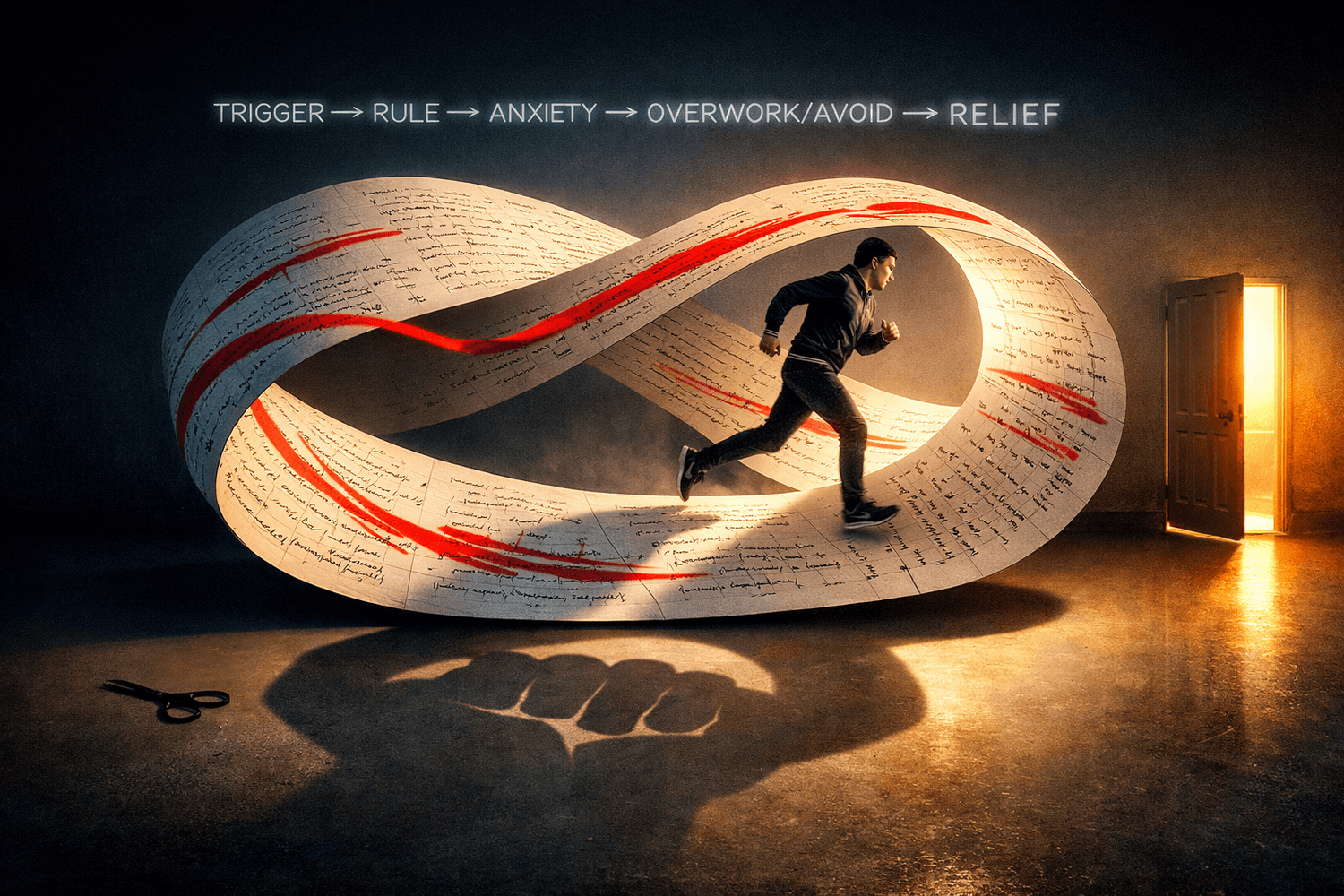 Person runs inside a paper Möbius loop as red edits chase them, showing the perfectionism cycle