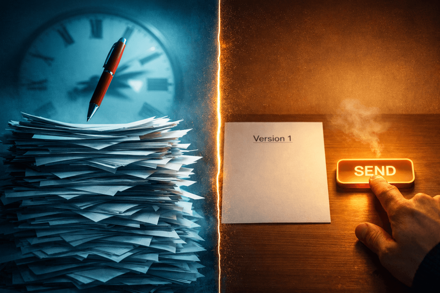 Split image of endless drafts vs a hand clicking SEND on a Version 1 page, shipping imperfect work