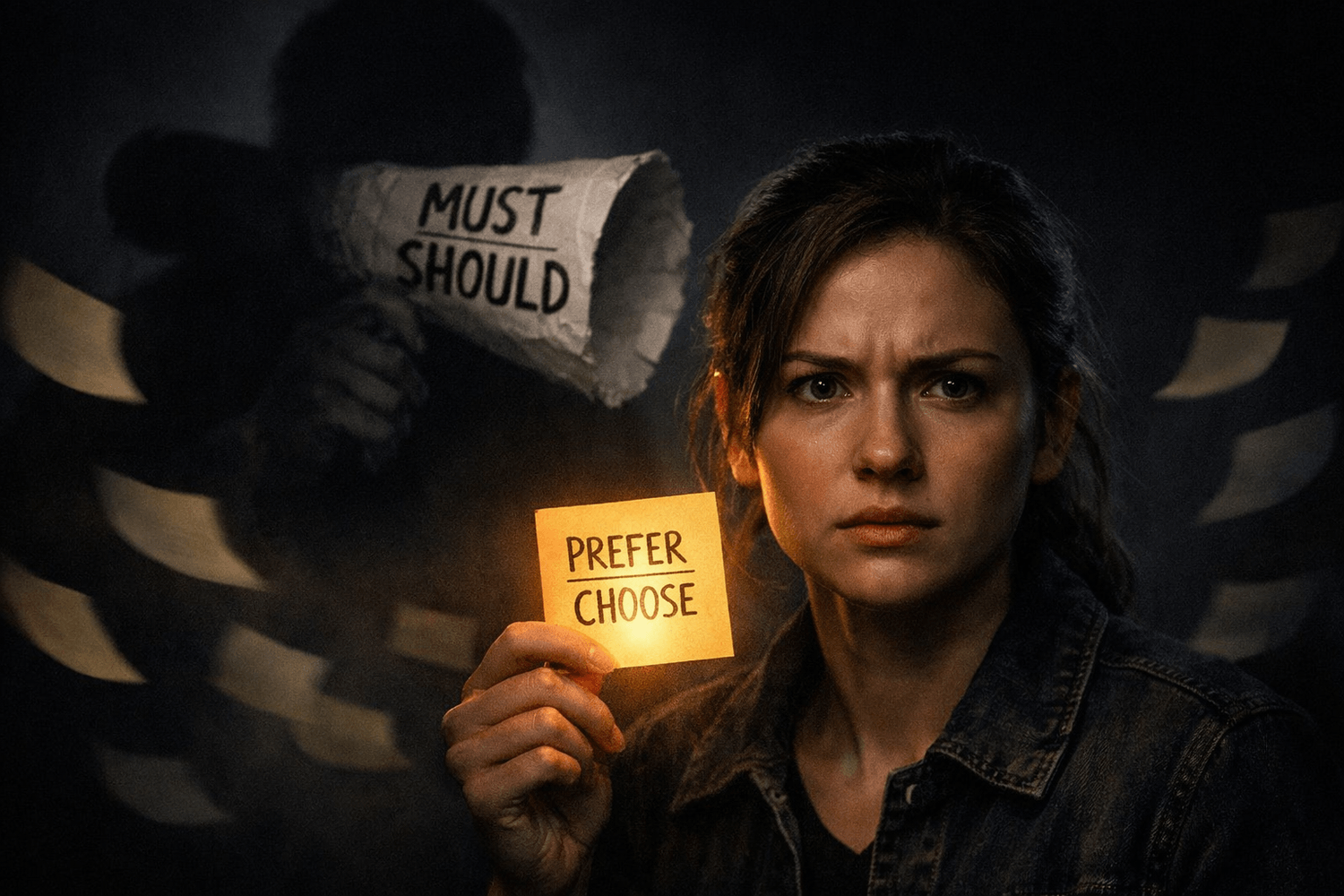 Shadowy inner critic looms as a person holds a glowing note reading PREFER/CHOOSE, reframing perfectionism