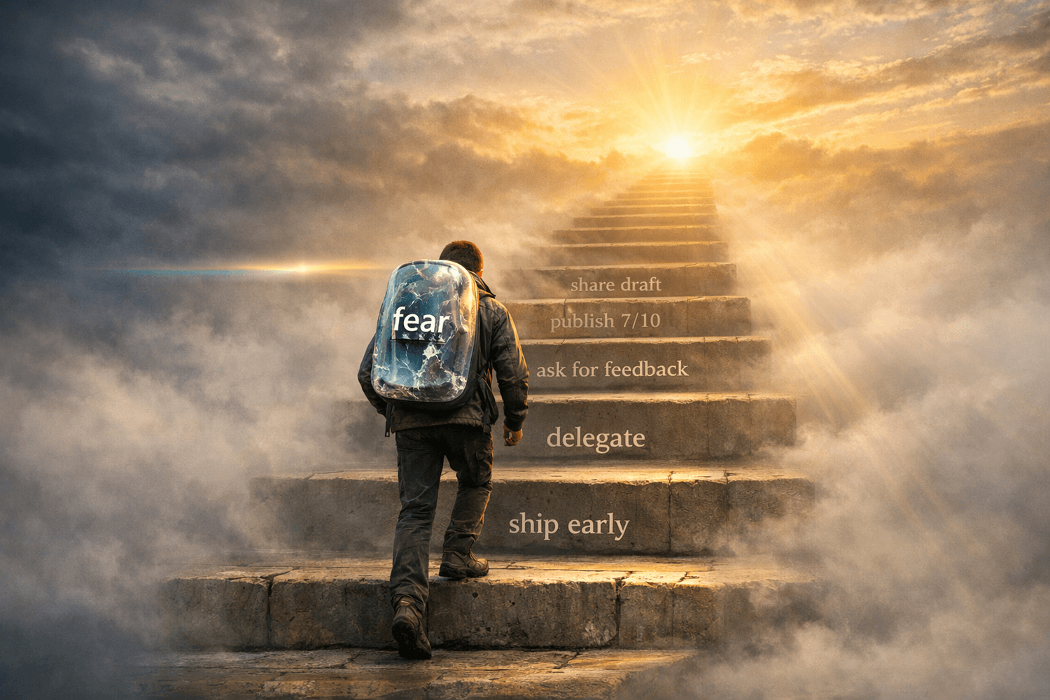 Person climbs labeled steps toward sunrise with a cracking glass backpack, an exposure ladder for perfectionism