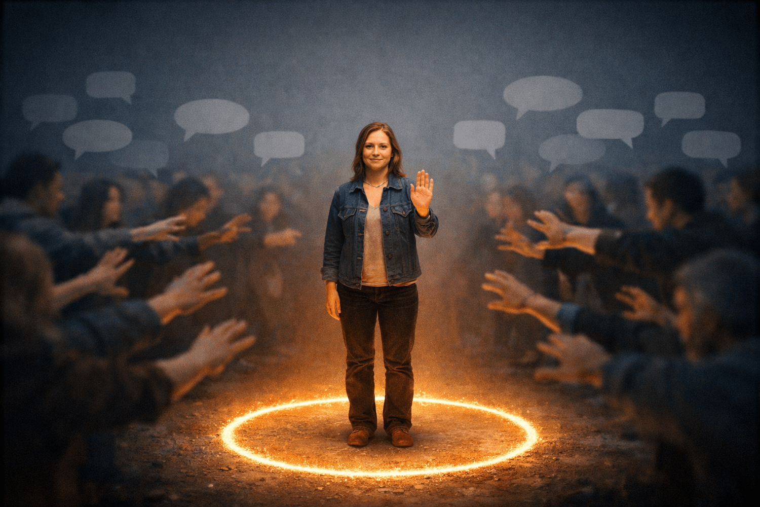 Person stands in a glowing chalk circle and calmly raises a hand to a blurred crowd, setting boundaries