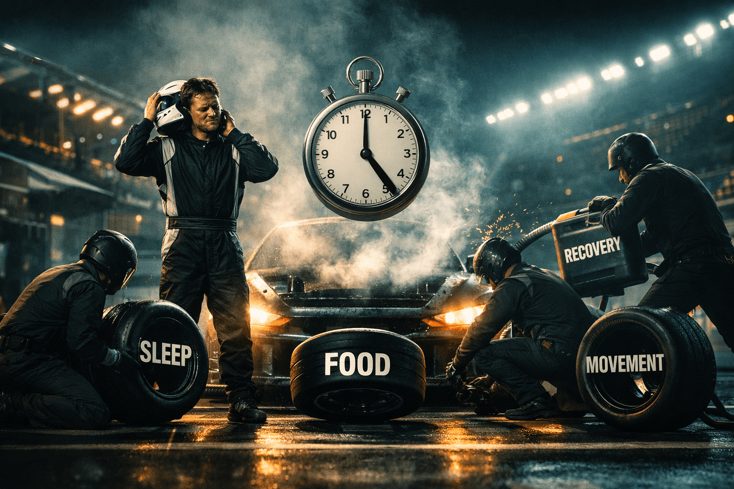 Pit stop scene with tires labeled sleep, food, movement and fuel labeled recovery, rest protects performance