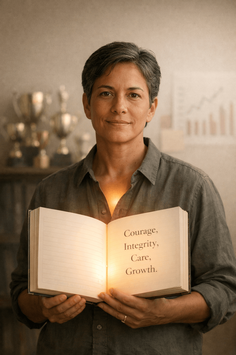 Person holds a glowing ledger reading Courage, Integrity, Care, Growth as trophies blur, worth beyond output