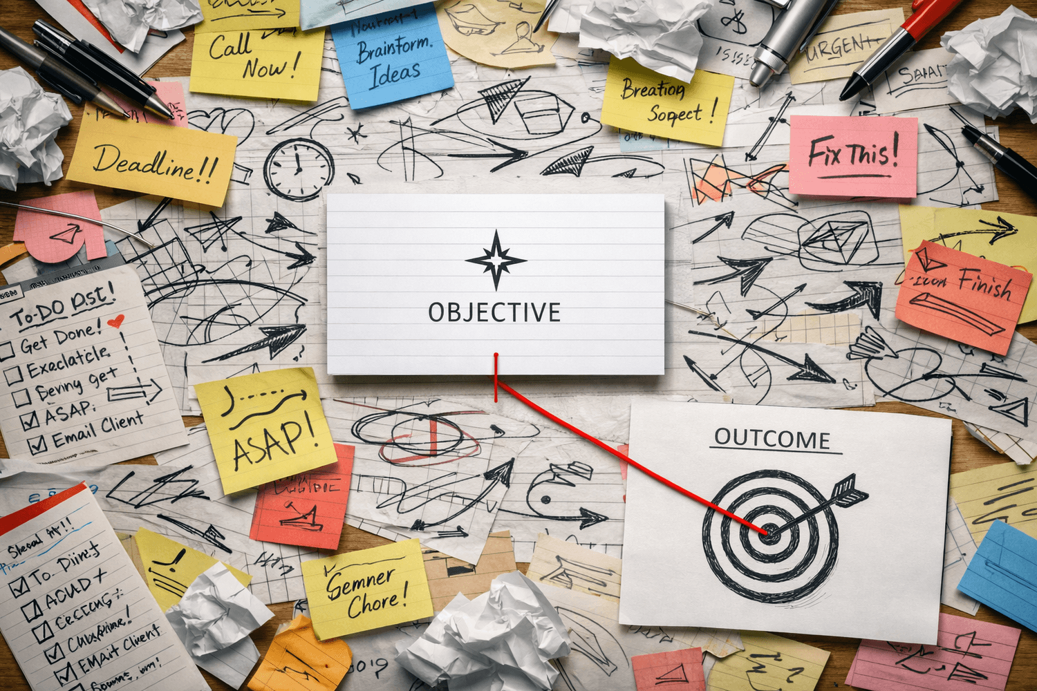 Overhead chaotic desk; sharp index card labeled OBJECTIVE linked by red thread to bullseye OUTCOME