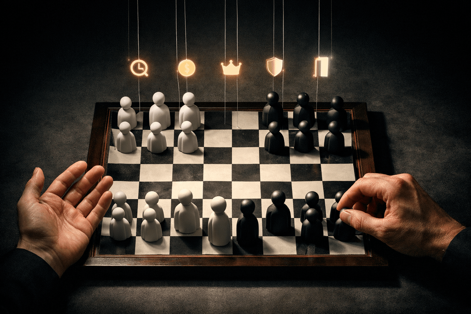 Top-down chessboard with ceramic human pieces and glowing incentive strings; hands hover to collaborate or control