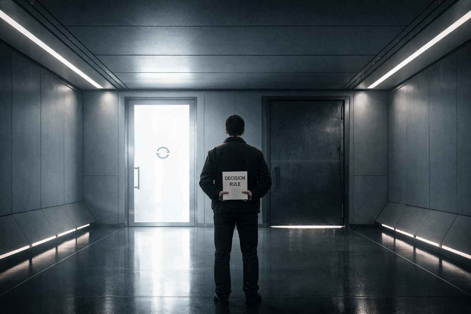 Symmetric corridor with bright reversible glass door and heavy irreversible steel door; person holds DECISION RULE notepad