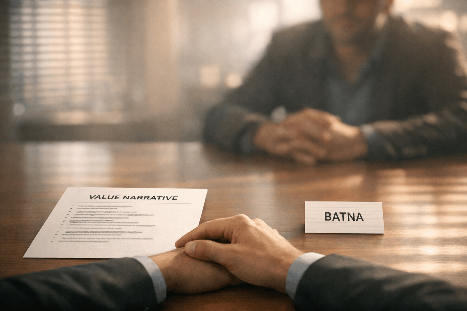 Steady hands beside VALUE NARRATIVE page and BATNA card during a raise conversation; listener blurred across table