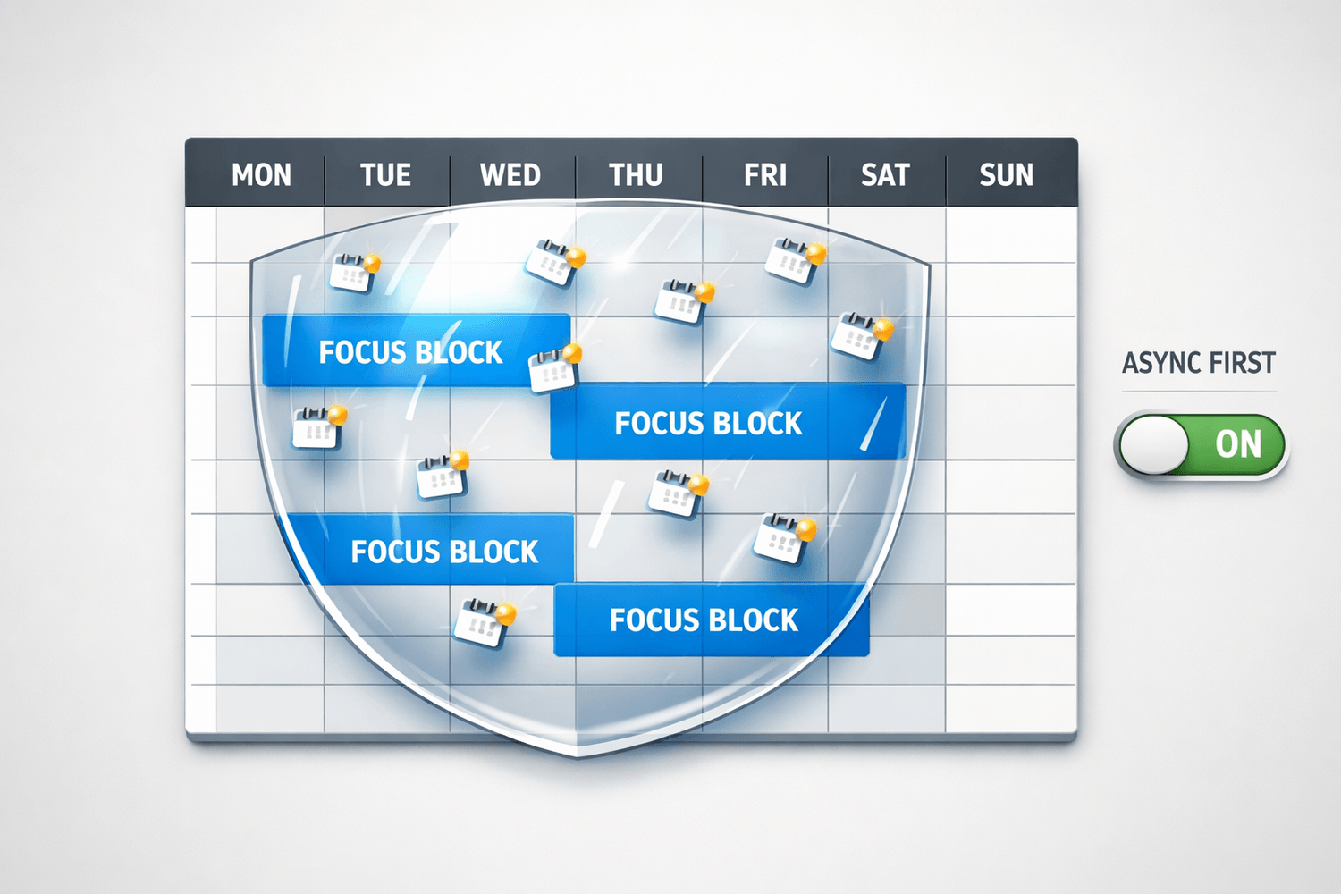Weekly calendar with shielded FOCUS BLOCKs; meeting icons bounce off; ASYNC FIRST switch turned on