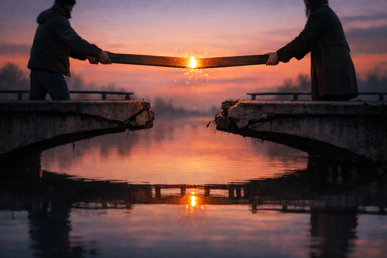 Two people bridge a crack with a wooden plank at dusk; warm seam of light; reflection shows bridge whole