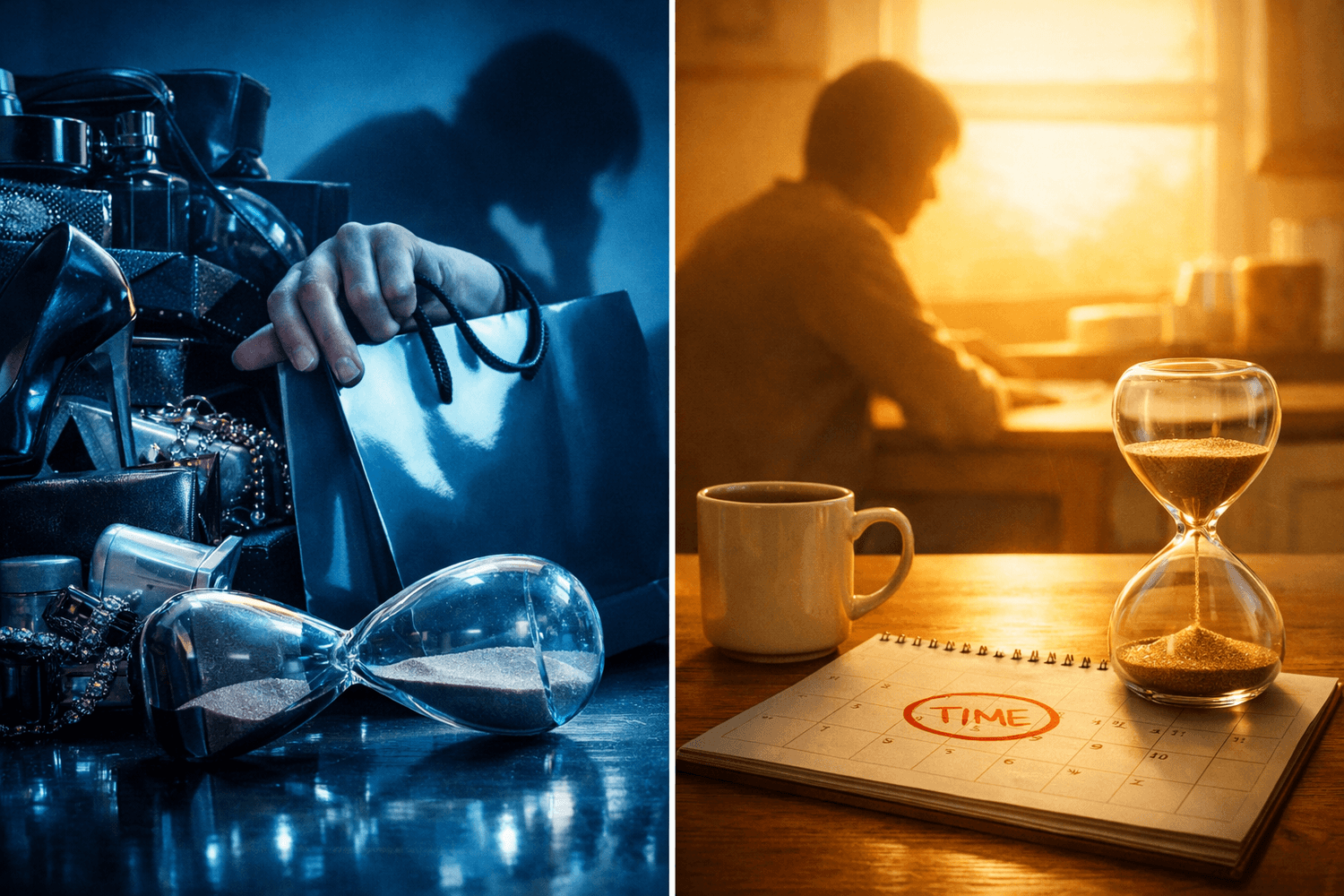 Split scene: neon luxury pile with tipped hourglass vs warm kitchen with TIME circled and flowing hourglass