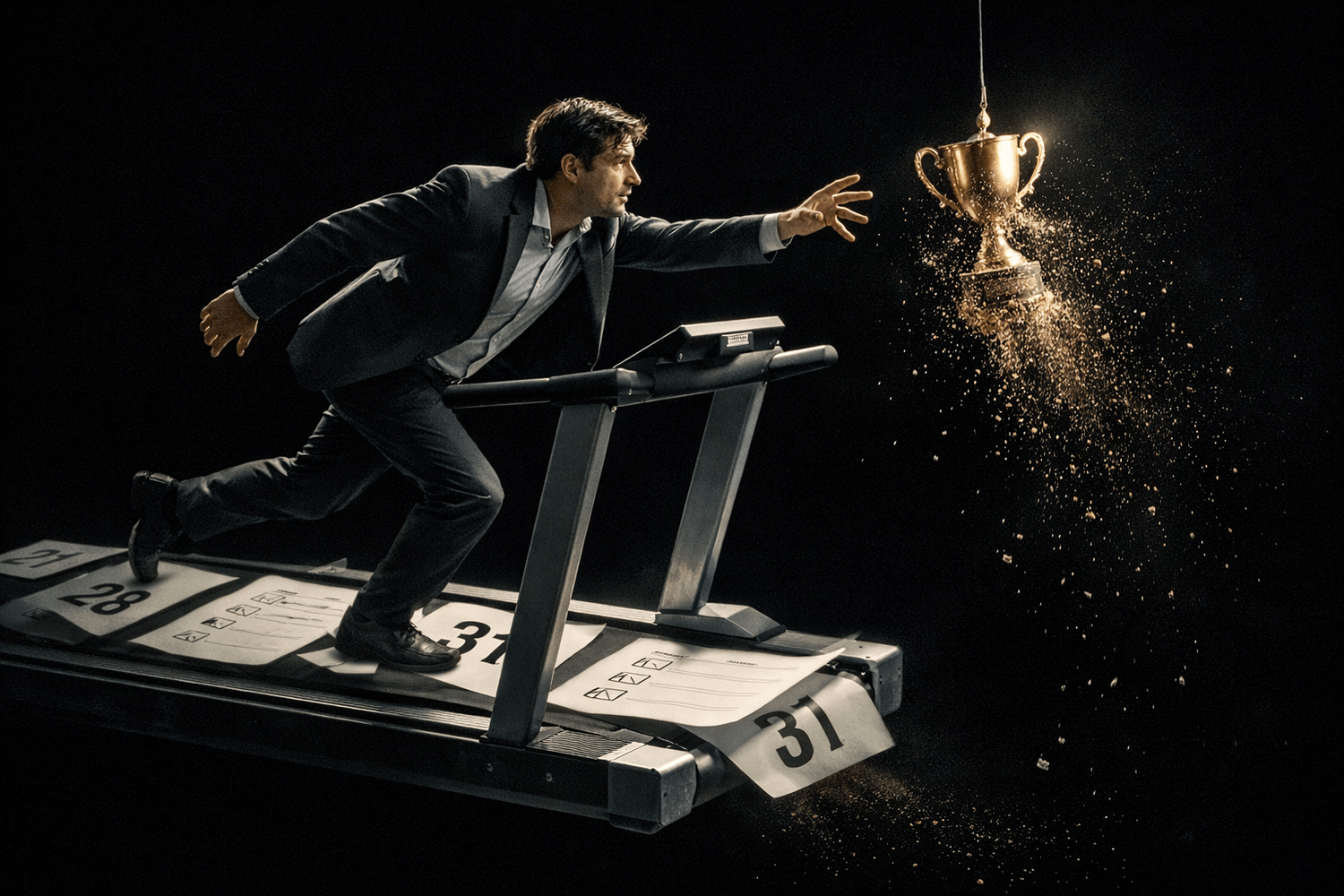 Exhausted professional running on a treadmill over darkness as a trophy crumbles into sand, symbolizing the achievement trap