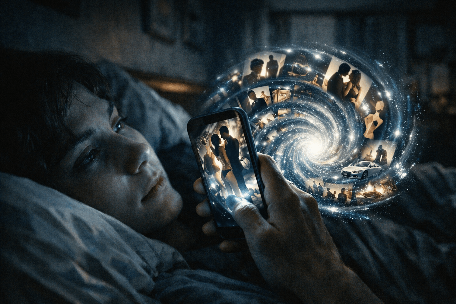 Person in bed lit by phone as a swirling vortex of perfect highlight reels pulls outward, showing the comparison spiral