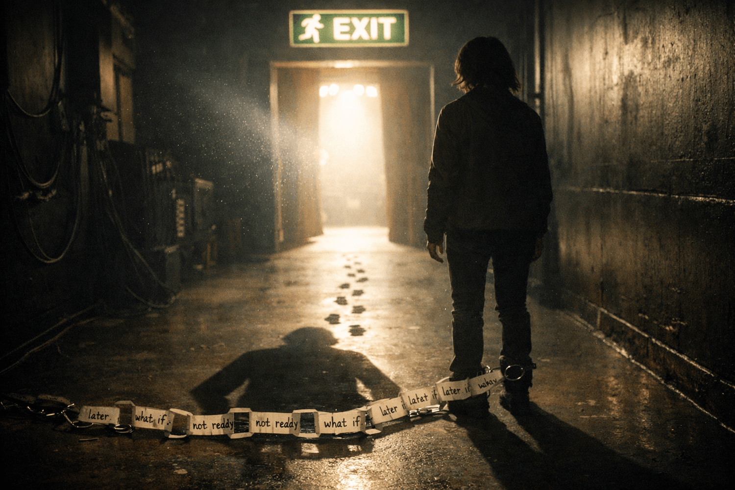 Dim hallway to a bright stage doorway as a shadow is chained by paper links and tiny footprints lead forward, showing avoidance