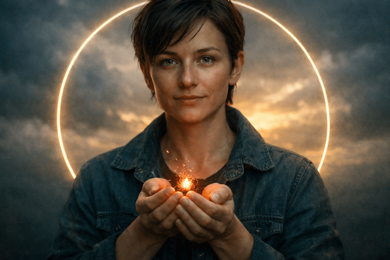 Close-up portrait of hands holding a warm ember near the chest within a soft circle of light, symbolizing self-worth repair