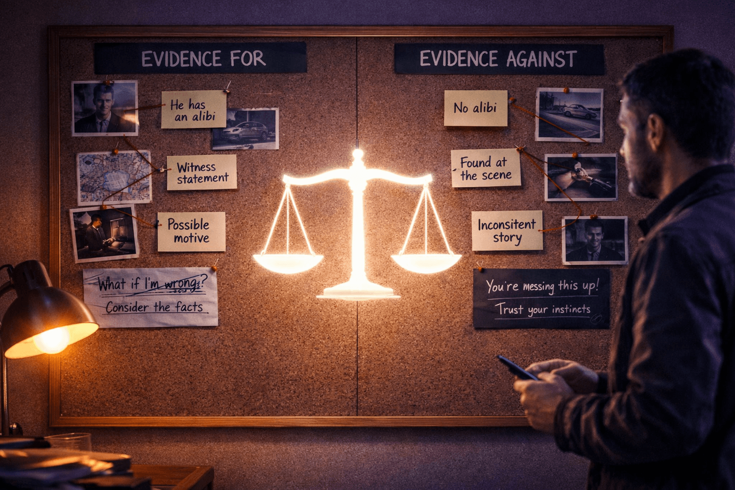 Cozy room evidence wall labeled Evidence For and Evidence Against with a glowing balance scale, symbolizing self-esteem rebuild