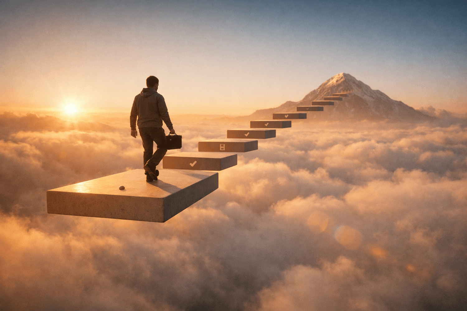 Person calmly climbing a floating staircase of small steps at sunrise with a toolkit, symbolizing confidence built through reps