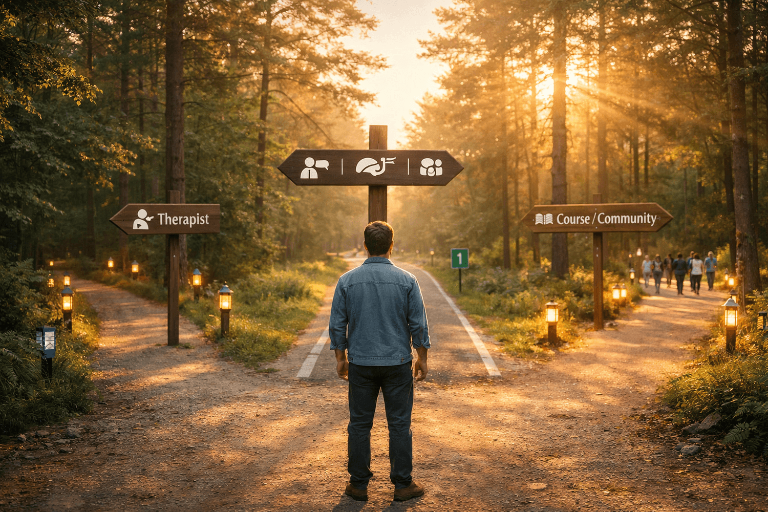 Golden-hour forest crossroads with three paths for support options, showing a clear choice between therapist, coach, and community