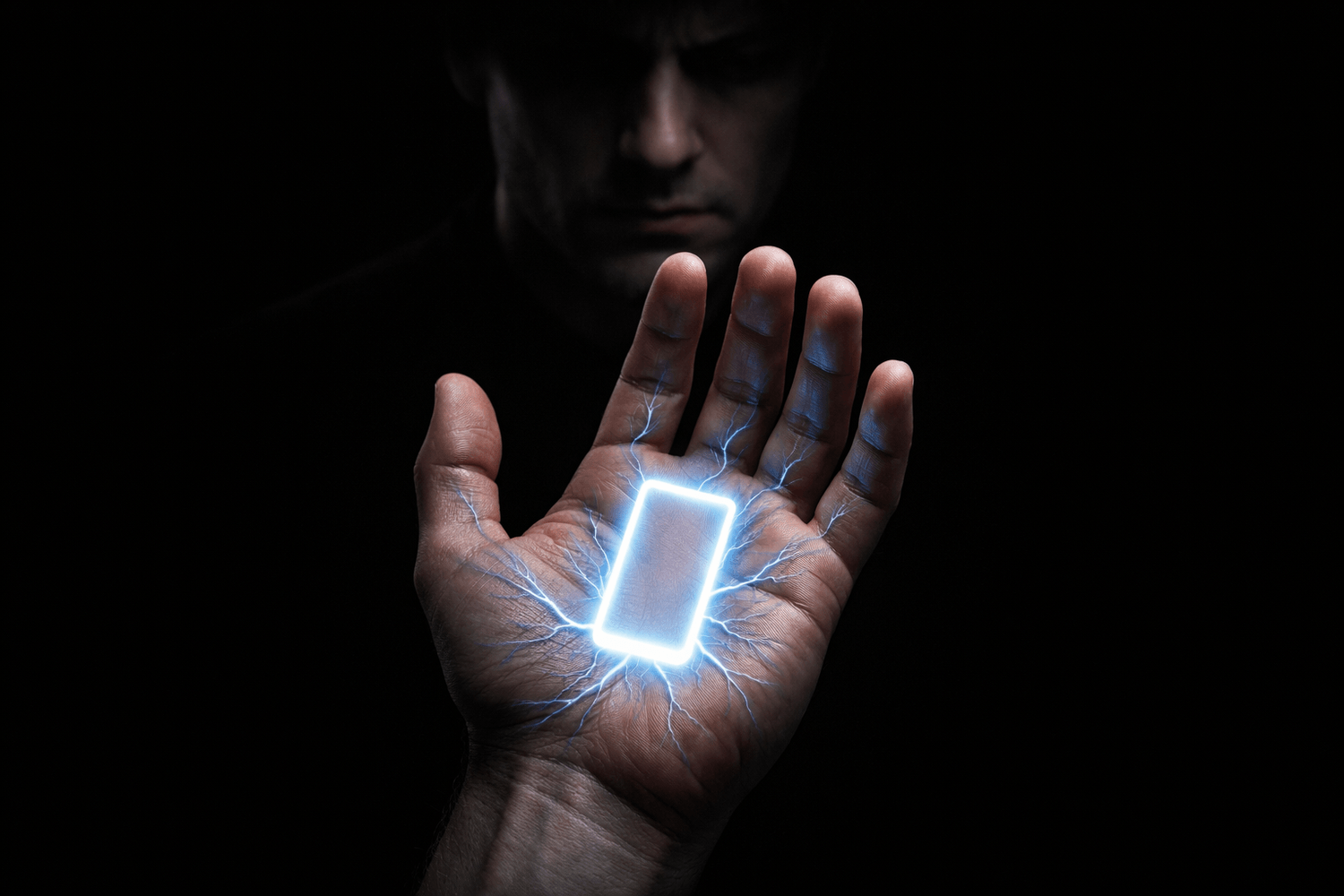 The Phantom Vibration — glowing phone shape under skin of palm Alt text: "Surreal concept of smartphone light pulsing beneath skin of open hand symbolizing technology addiction" Contains keyword: Yes — "technology addiction"