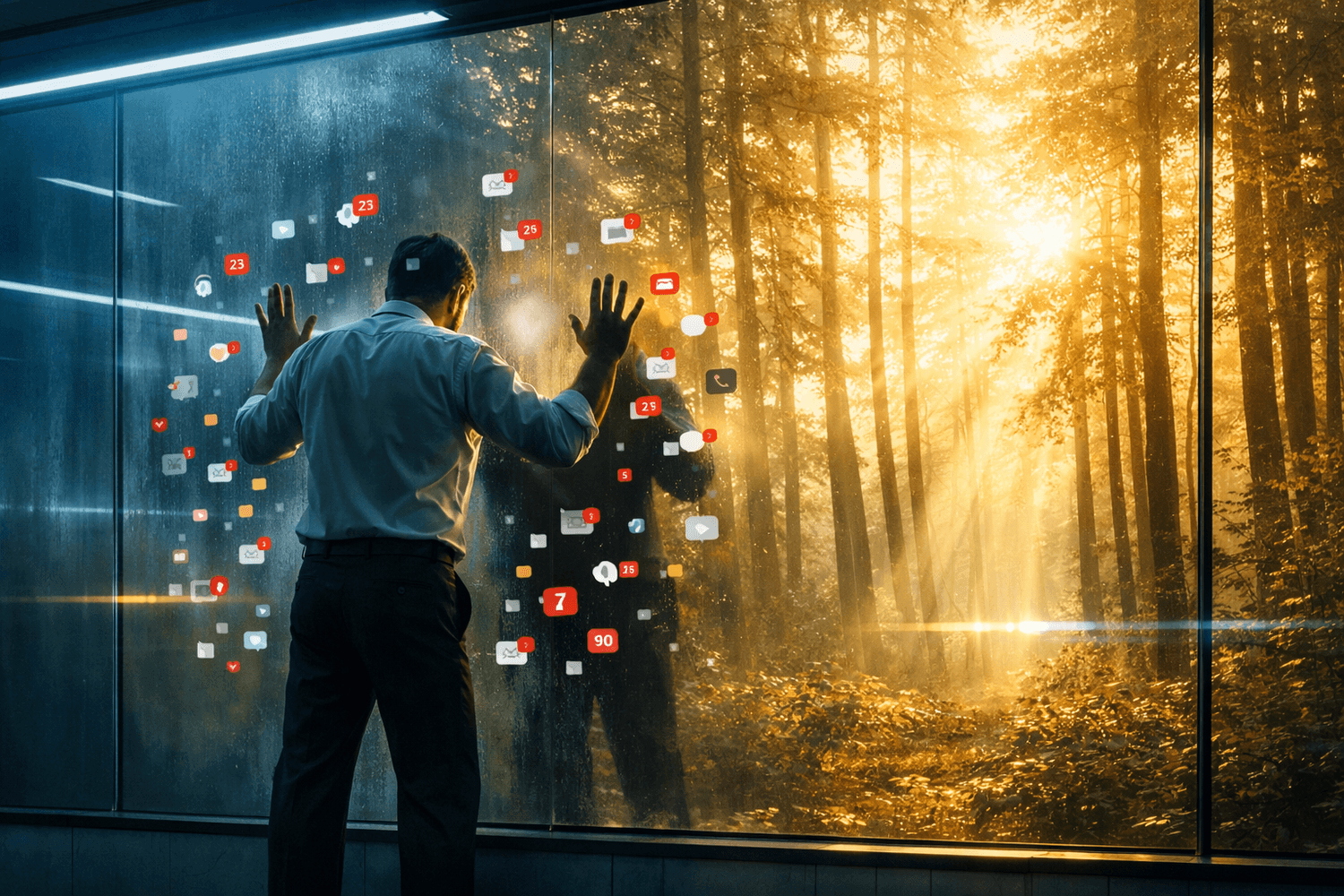 The Glass Wall — man trapped behind glass with forest beyond Alt text: "Exhausted professional pressing hands against glass wall separating him from sunlit forest representing screen time burnout" Contains keyword: Yes — "screen time burnout"
