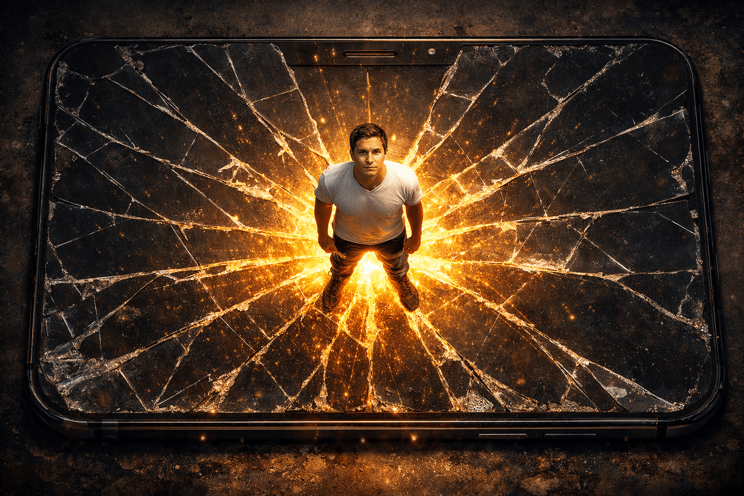 The Pattern Breaking — person standing on cracked smartphone screen Alt text: "Person standing on shattered smartphone screen with golden light rising through cracks symbolizing digital overwhelm recovery" Contains keyword: Yes — "digital overwhelm recovery"