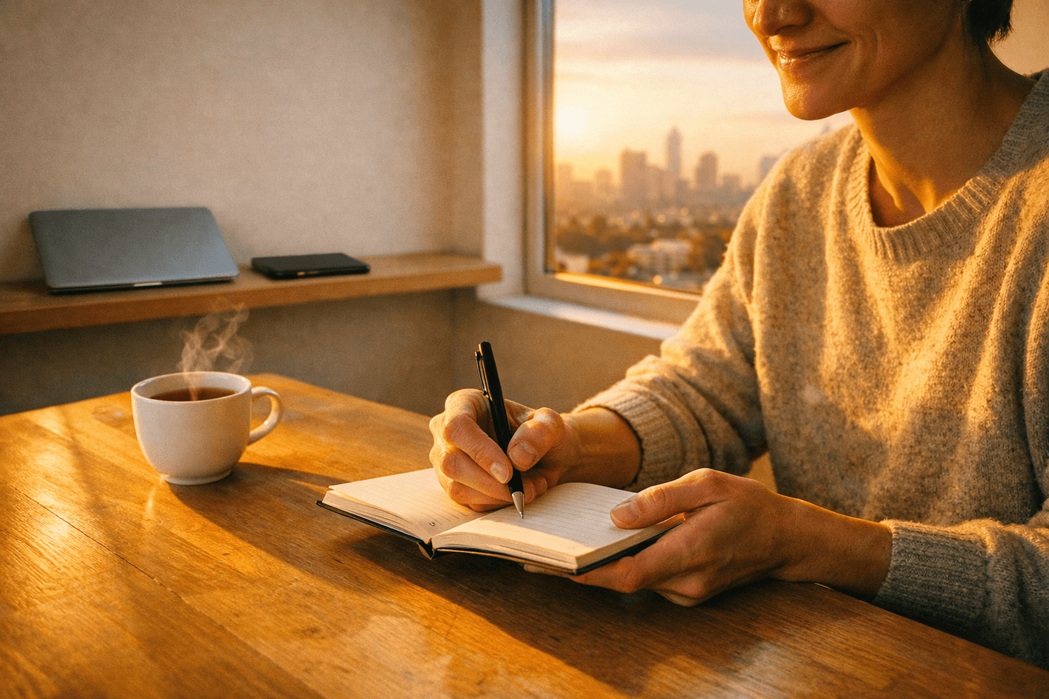 The Sovereign Morning — person journaling at dawn with devices closed Alt text: "Person writing in notebook at dawn with closed laptop and phone representing life after digital detox" Contains keyword: Yes — "digital detox"