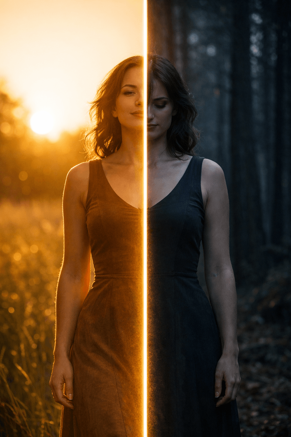 Woman split between confident warm-toned self and doubtful cool-toned self representing implicit versus explicit belief systems in the brain