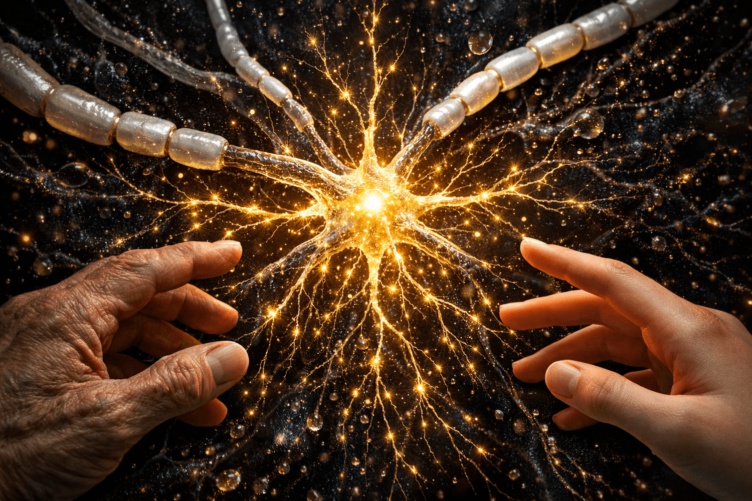 Two hands reaching toward glowing neuron firing golden sparks illustrating brain neuroplasticity and the science of rewiring neural pathways