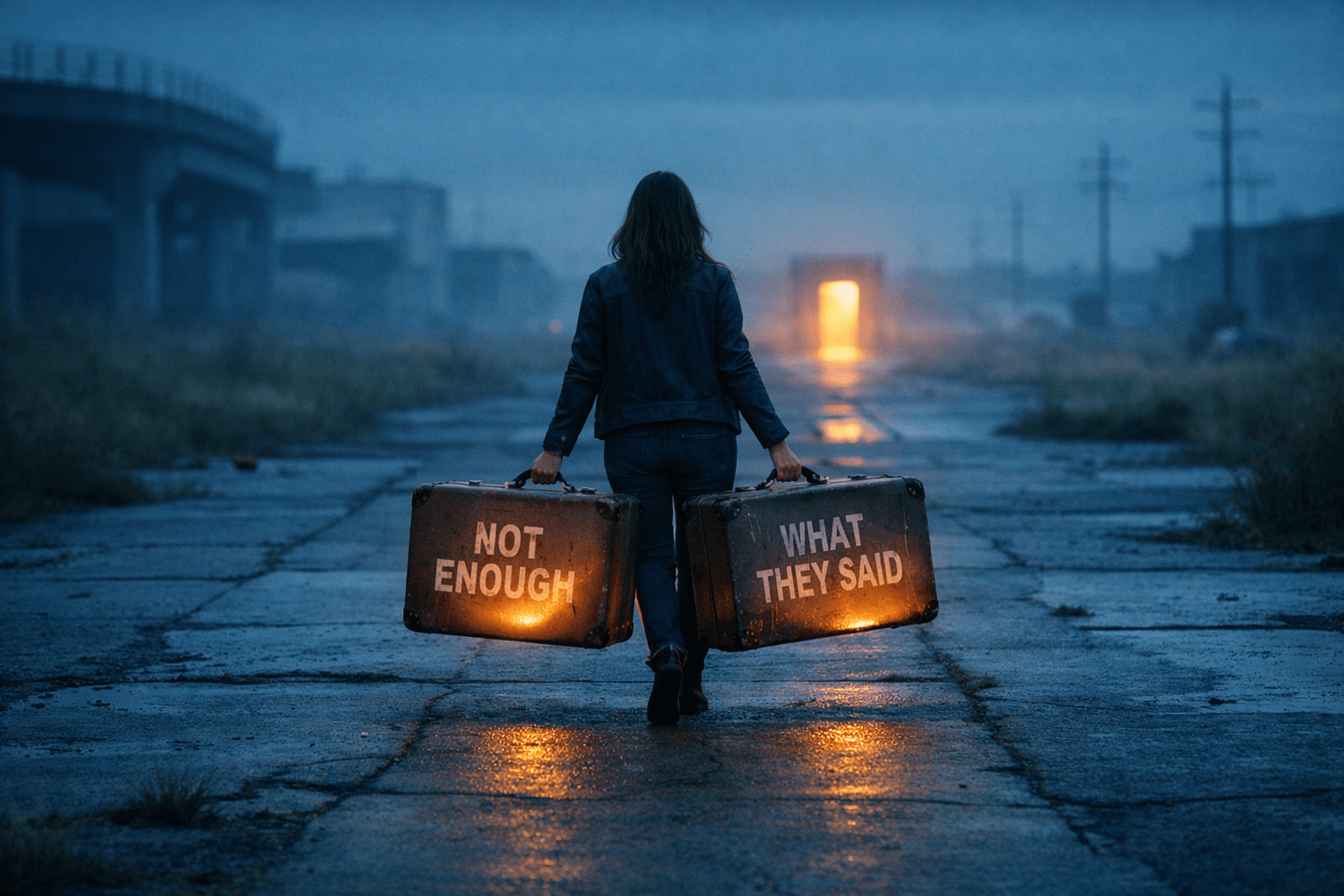 Woman carrying heavy glowing suitcases labeled Not Enough and What They Said walking toward distant light symbolizing the weight of limiting beliefs