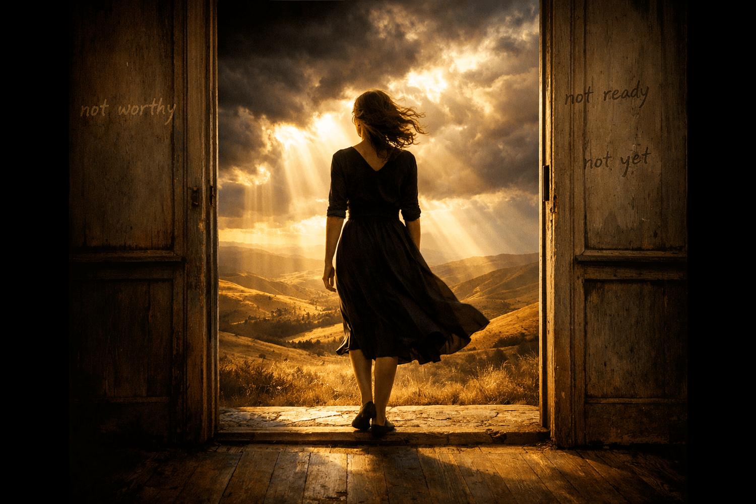 Woman standing at doorway threshold stepping outward into golden landscape with fading self-limiting belief words carved into weathered doorframe