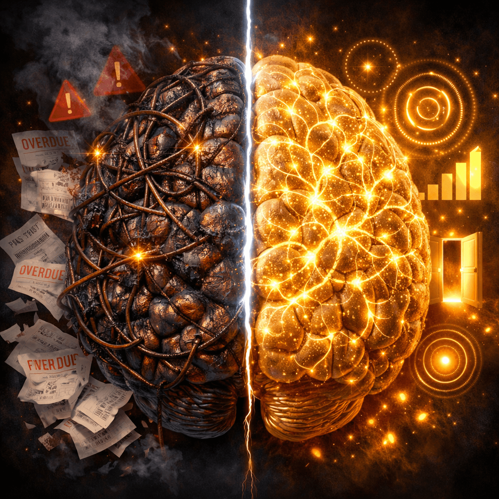 Brain scan showing scarcity mindset wiring versus rewired abundance neural pathways" Keyword: Yes — "scarcity mindset