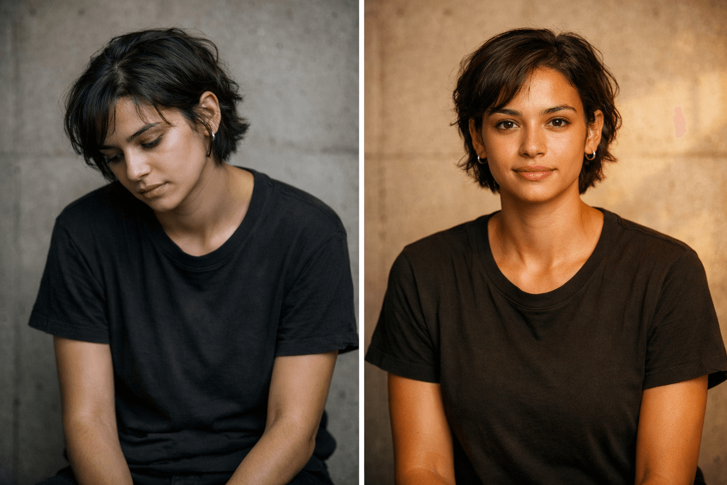Before and after portraits showing transformation from limiting money beliefs to financial confidence