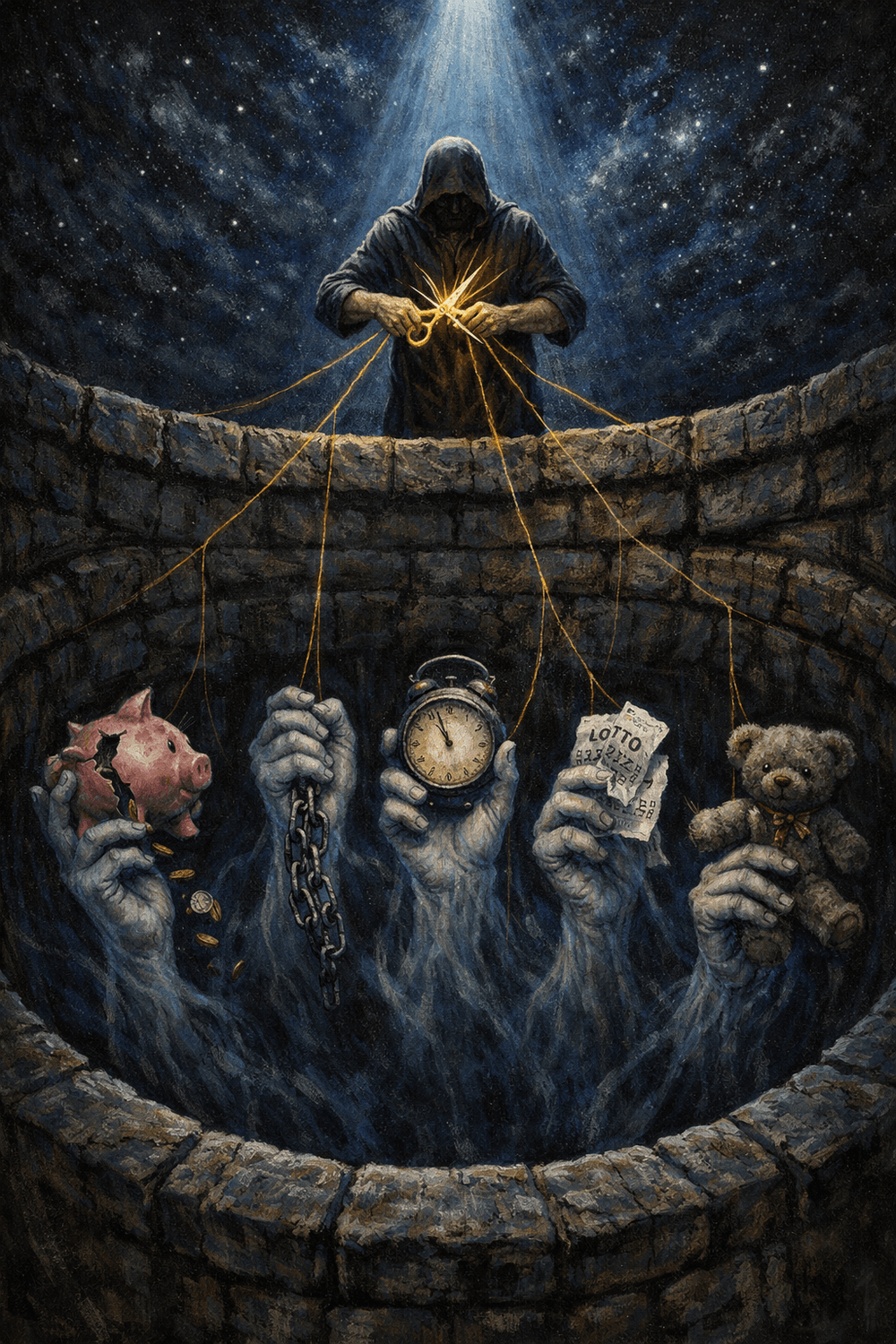 Person cutting inherited financial anxiety threads at ancient stone well under moonlight