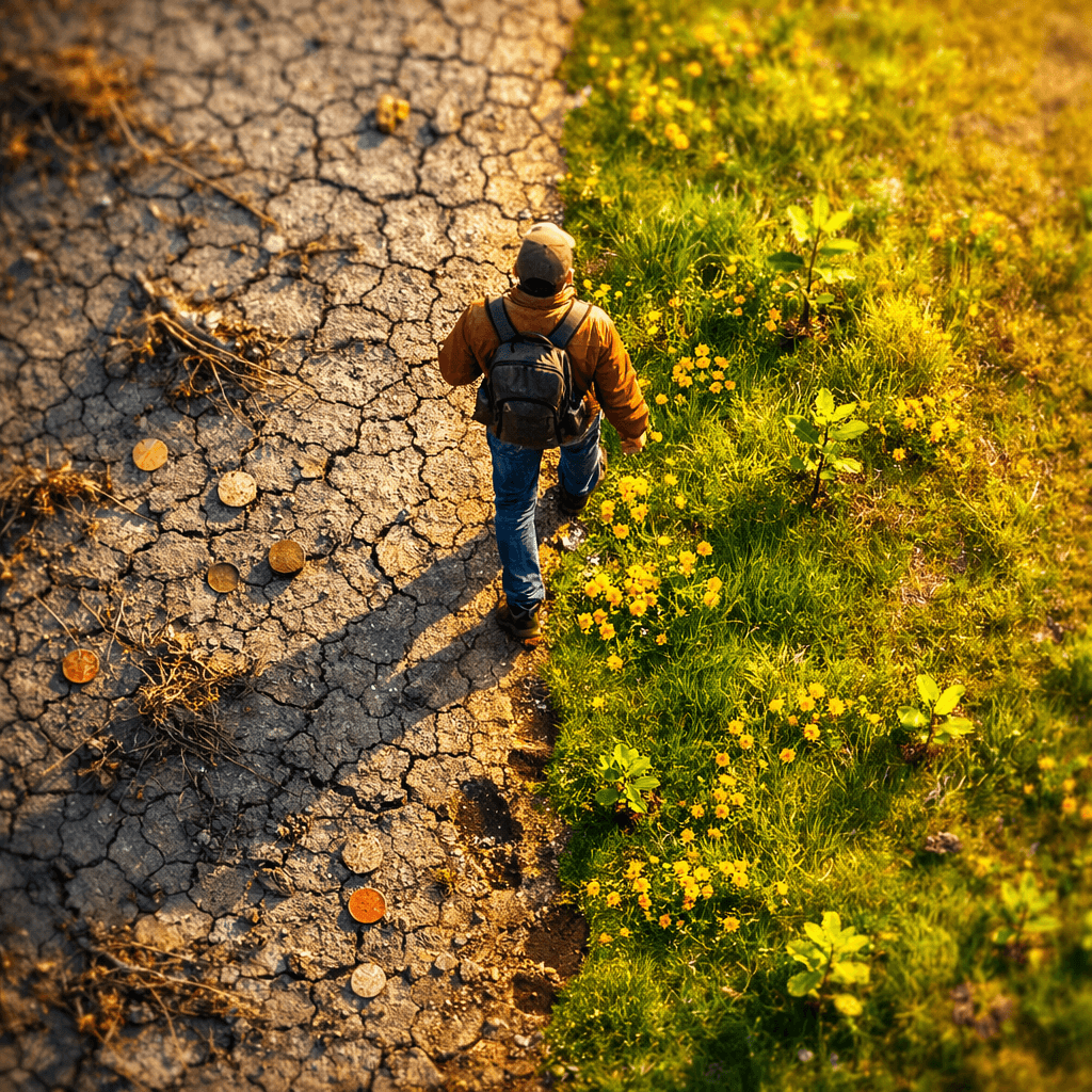 Aerial view of daily money mindset practice transforming barren path into abundant landscape