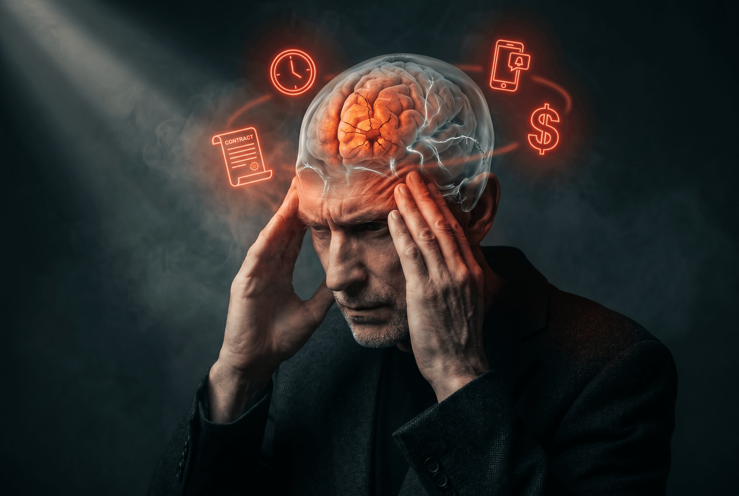 Entrepreneur with transparent skull revealing shrinking prefrontal cortex under chronic stress and decision fatigue
