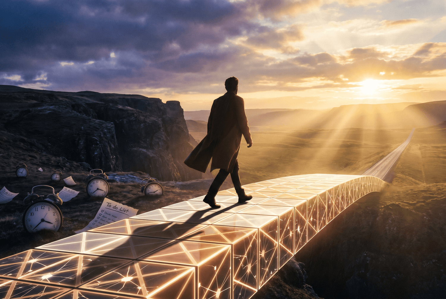Confident entrepreneur crossing luminous neural bridge at sunrise after closing the knowing-doing gap
