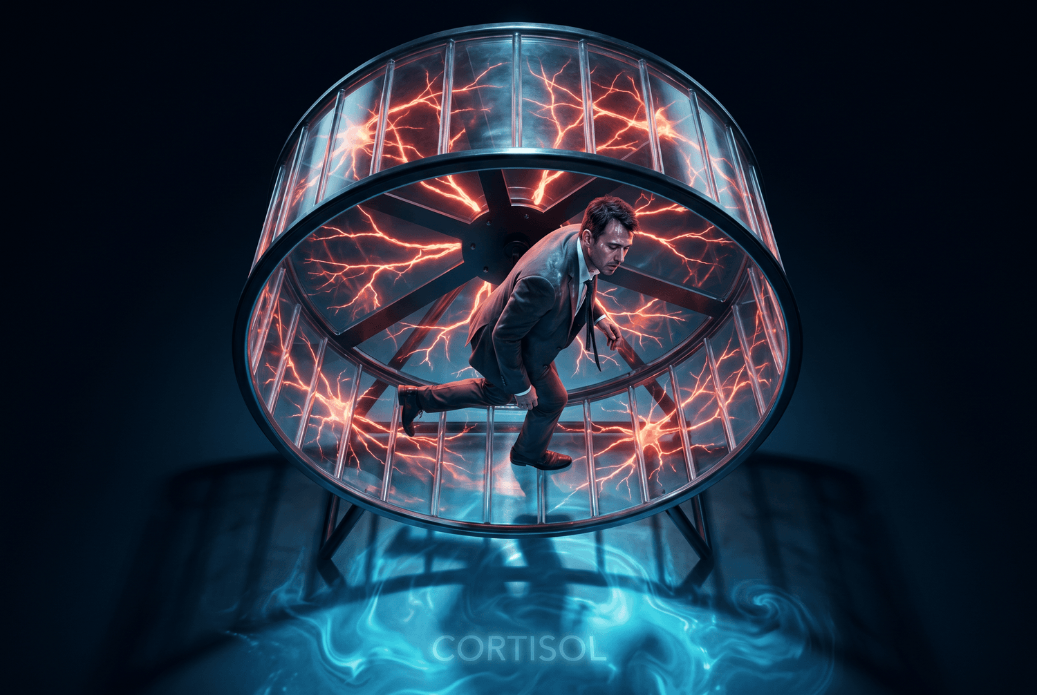 Exhausted entrepreneur running inside glass hamster wheel showing why willpower worsens the knowing-doing gap