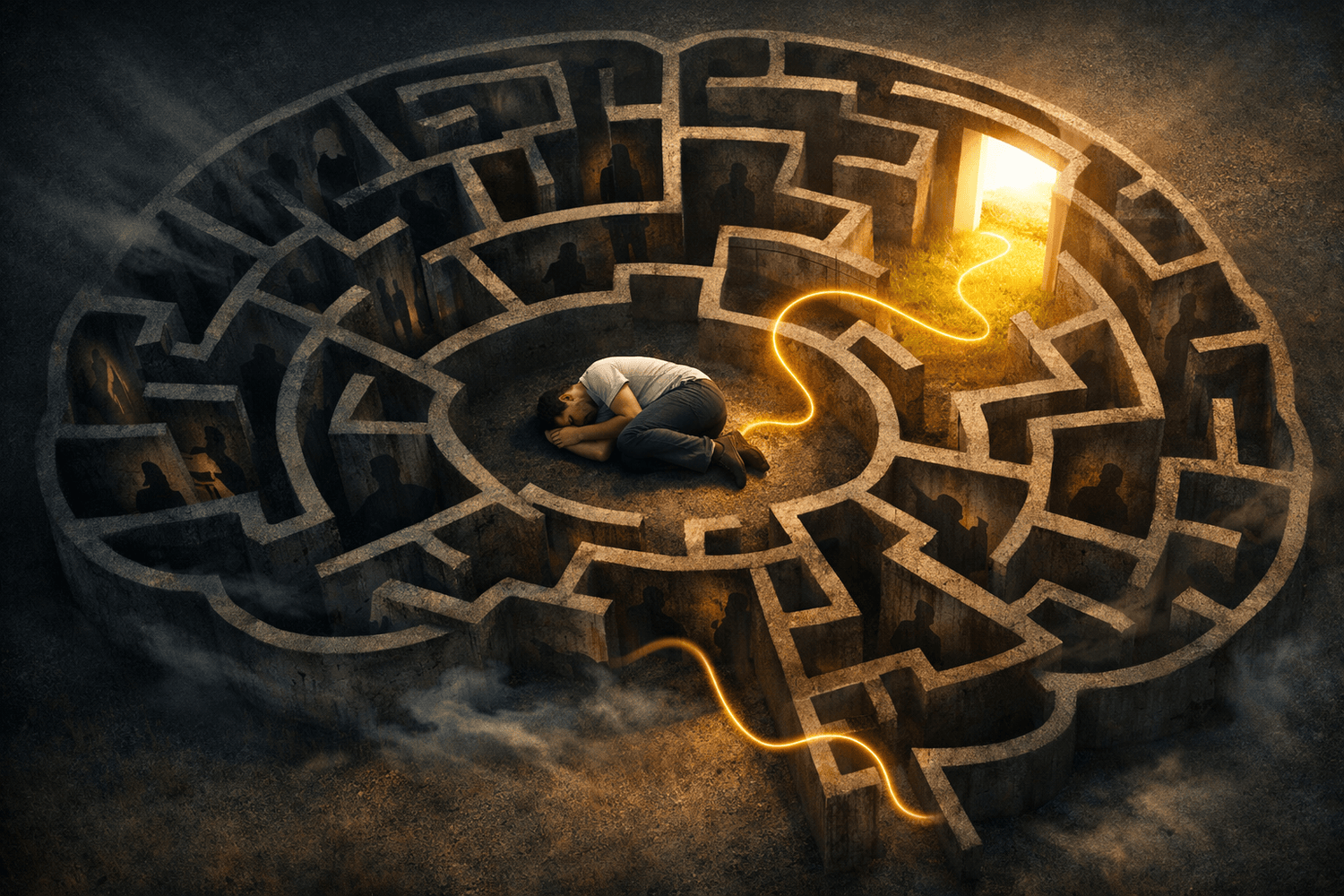 Person in a brain-shaped maze finding the exit from limiting beliefs and old mental patterns