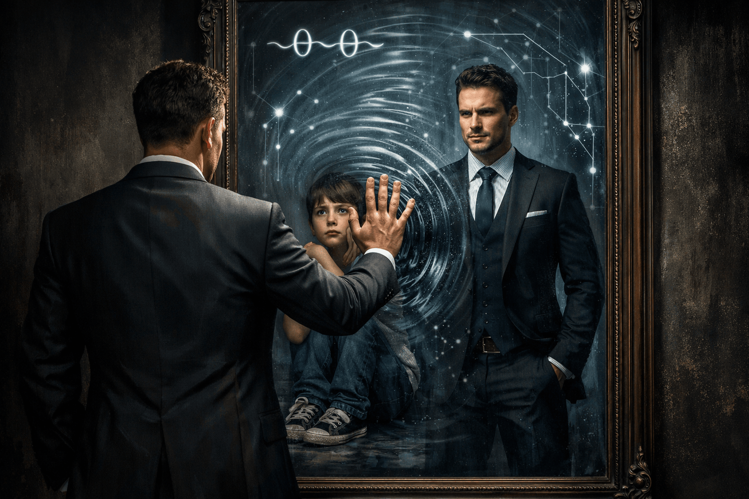 Businessman facing a mirror with childhood reflection, showing subconscious beliefs formed early