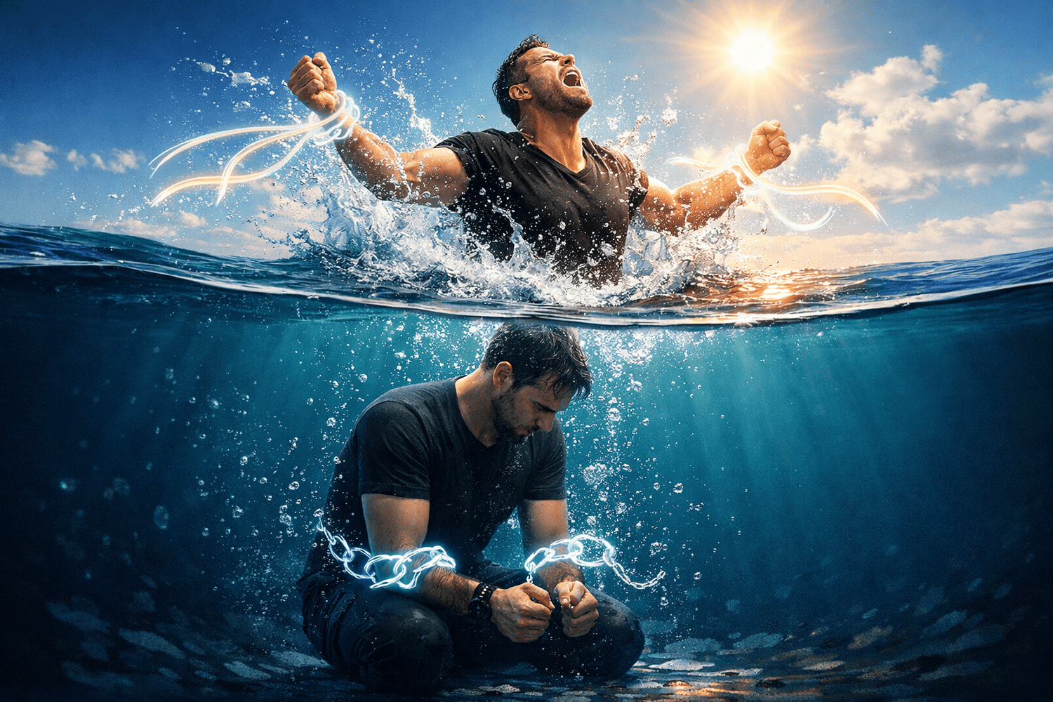 Man rising from underwater chains into sunlight, representing rewiring the brain and emotional freedom