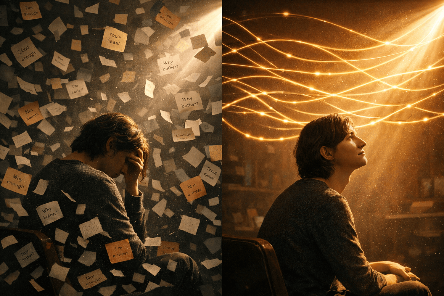Person watching chaotic self-talk turn into a clear mental map through subconscious reprogramming