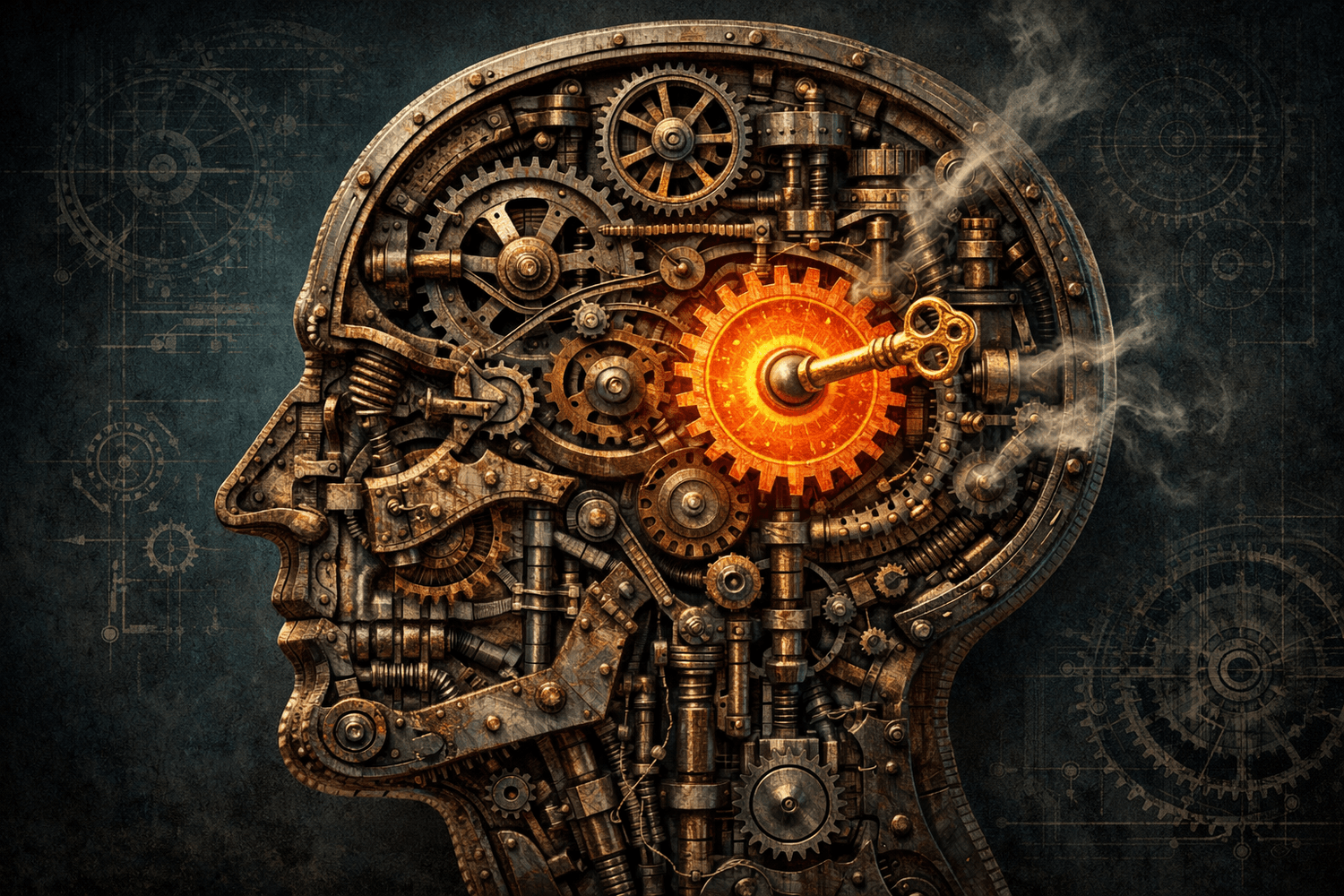 Mechanical clockwork brain with glowing intervention point representing founder self-sabotage pattern breaking